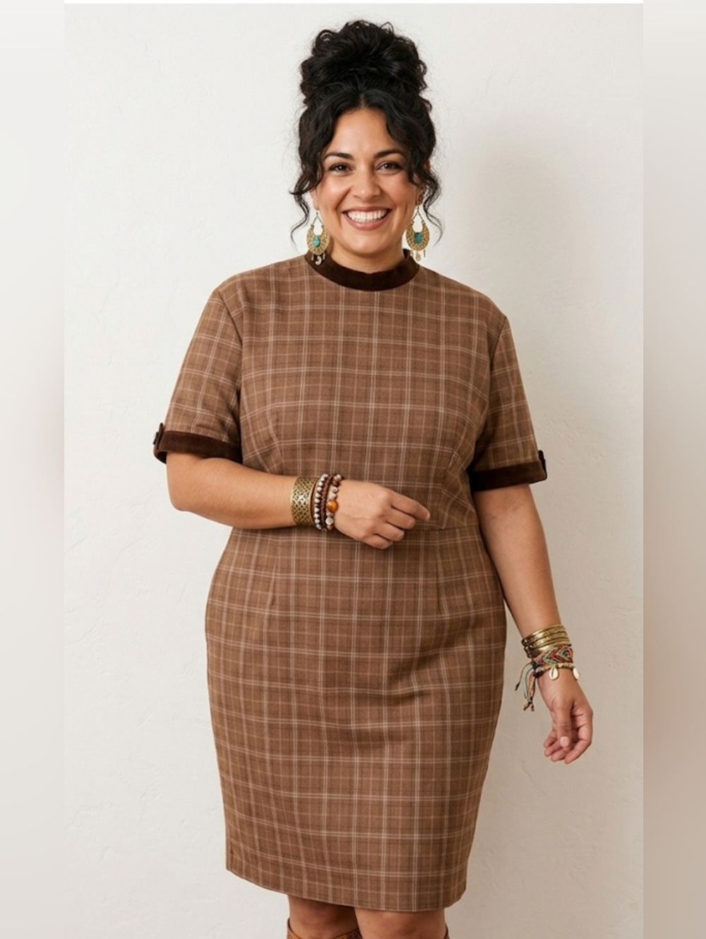 JessaKae 4XL Minimalist Modern  Career Brunch Business Plaid Modest Midi Dress